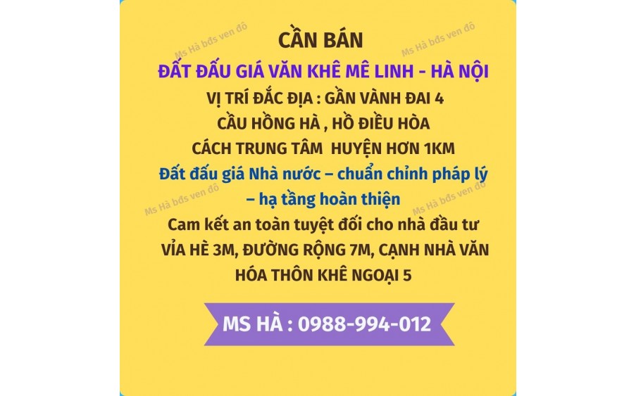 Bán đất đấu giá X3 Khê Ngoại, Văn Khê, Mê Linh, Hà Nội. Sổ đỏ đầy đủ sẵn sàng giao dịch